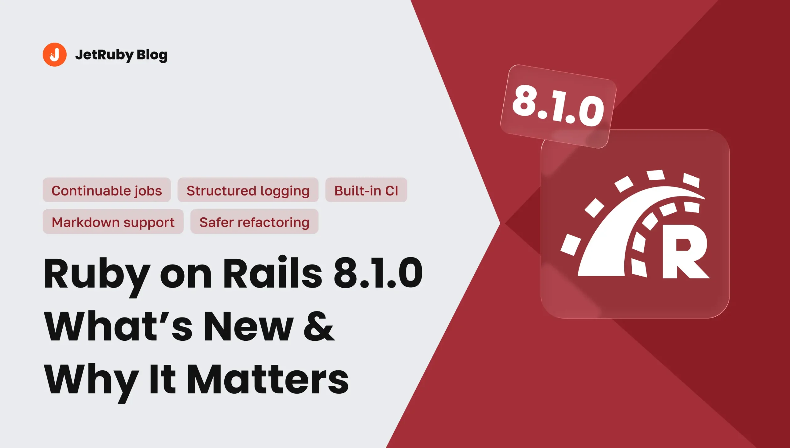 JetRuby Blog cover for Ruby on Rails 8.1.0 showing new features like continuable jobs, structured logging, built-in CI, Markdown support, and safer refactoring.